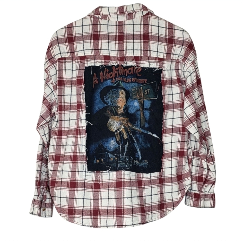 Boneyard Threadz Red Plaid Flannel Shirt W/ Nightmare On Elm Street Graphic Med